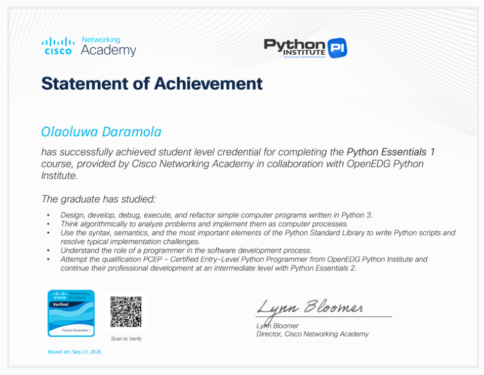 Cisco Python Essentials 1 Certificate