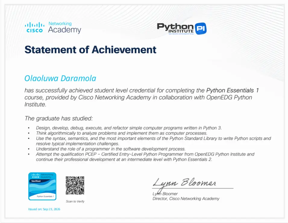 Cisco Python Essentials 1 Certificate