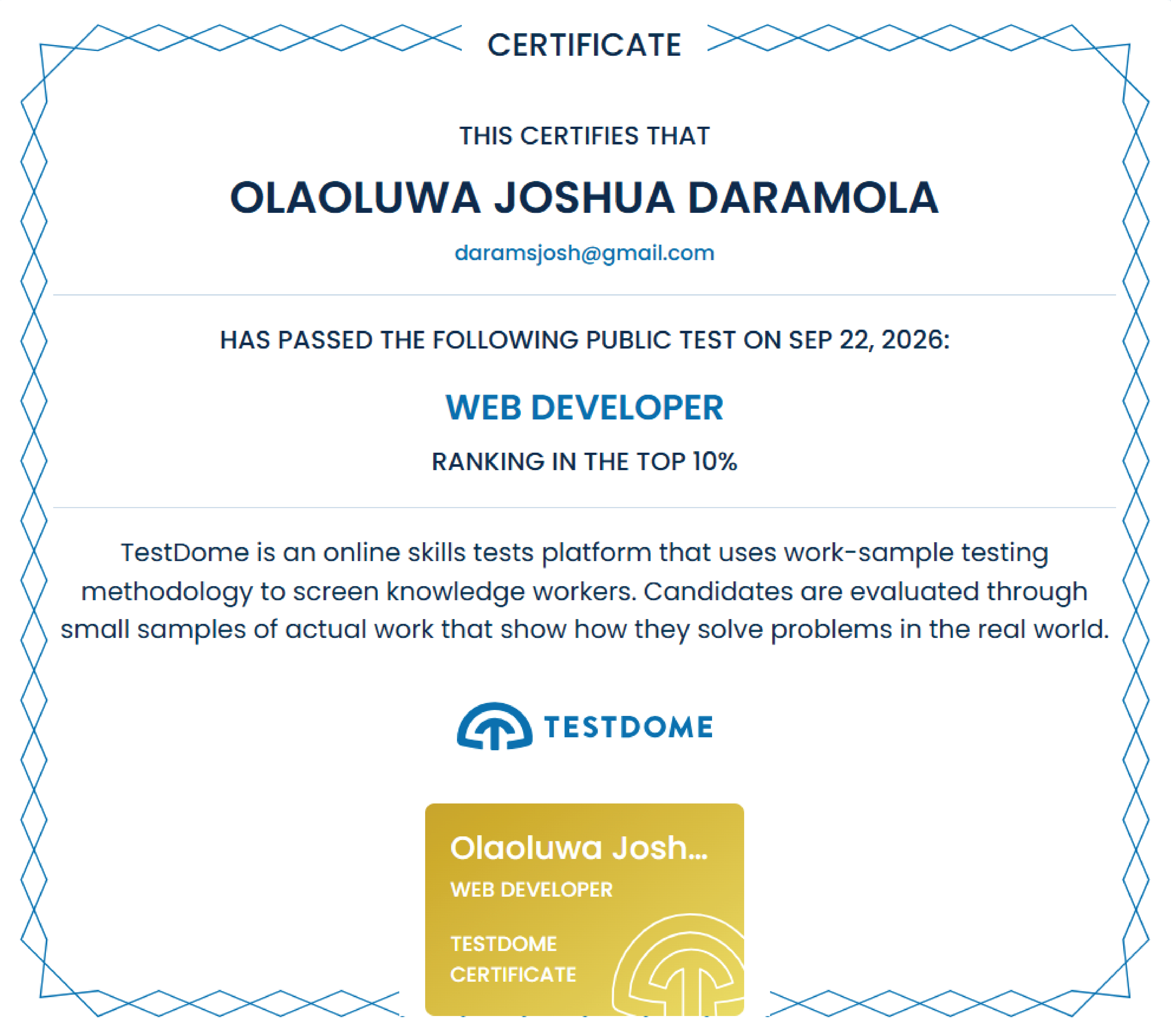 TestDome Web Developer Certificate
